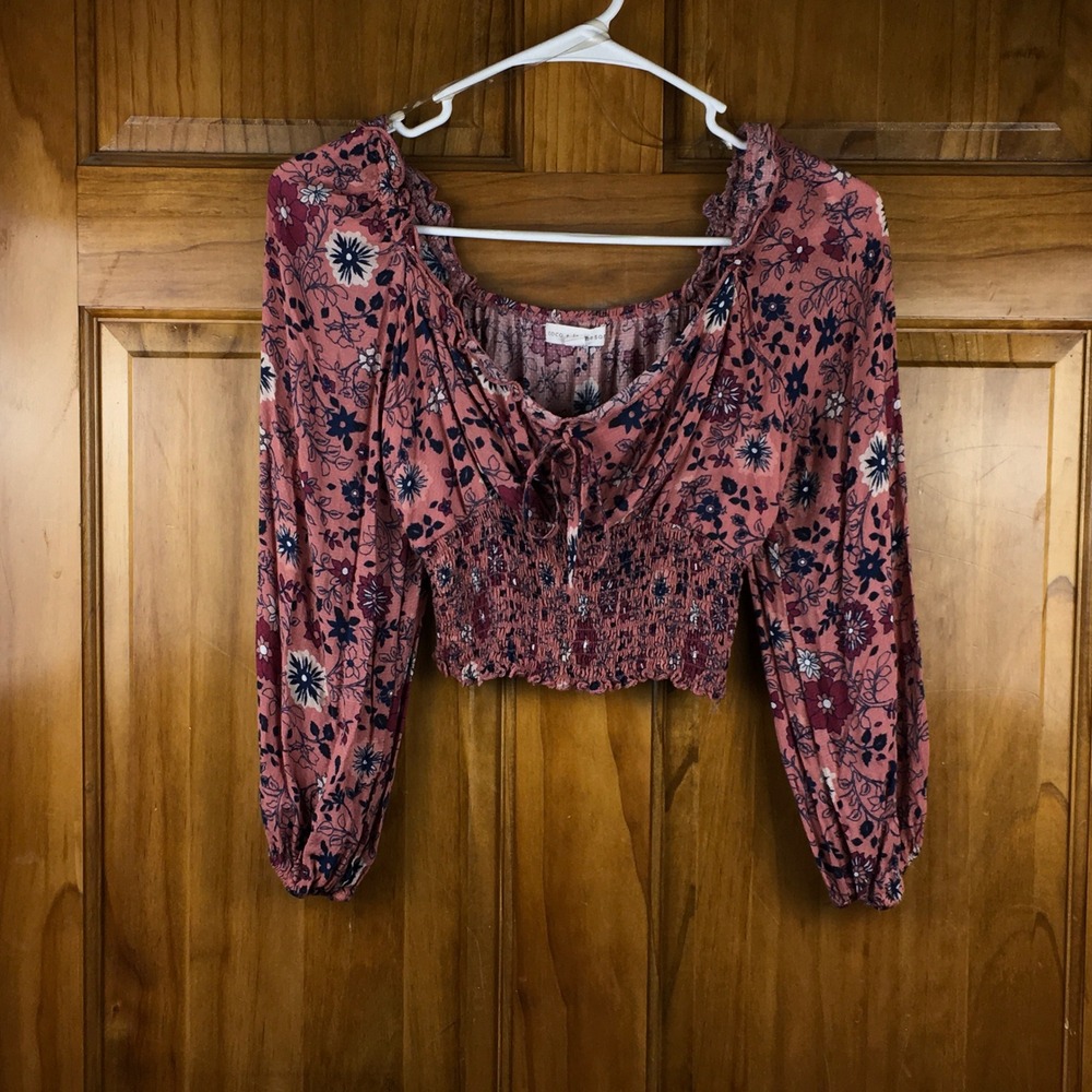 Floral Smocked Crop Top Long Sleeve Boho Small Bohemian Cottagecore Whimsigoth